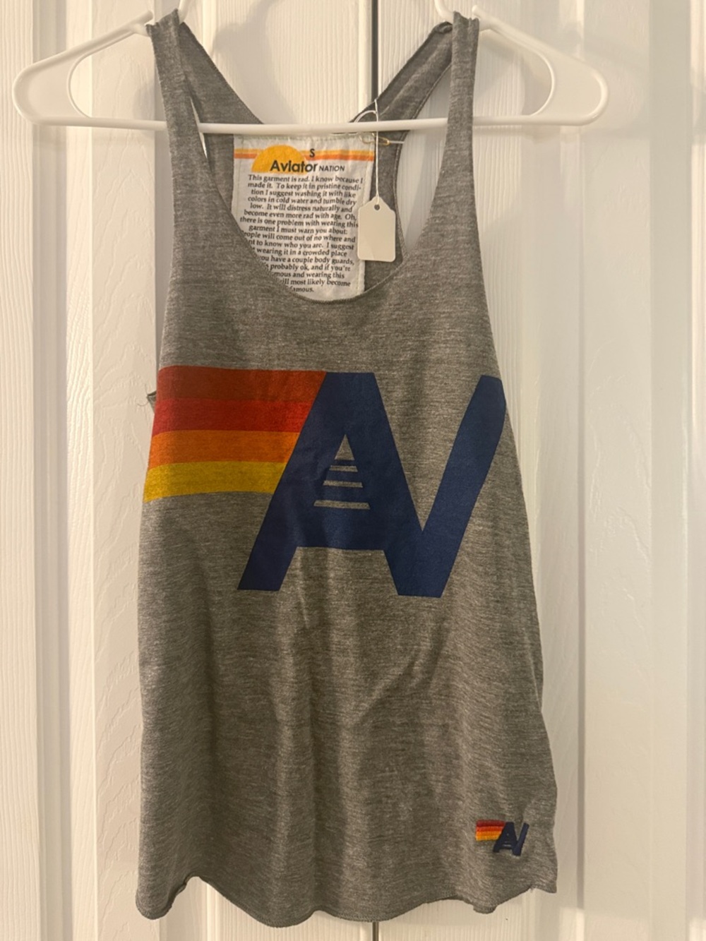 Aviator Nation Gray Tank with Navy AV and Red-Orange-Yellow Stripe small